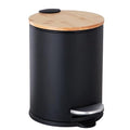 Mini Trash Can with Bamboo Lid Soft Close and Foot Pedal 0.8Gal / 3L Tiny Round Trash Can with Removable Plastic Inner Wastebasket for Bathroom Bedroom Powder Room Office Desk Car Black