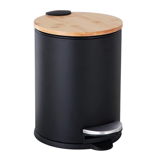 Mini Trash Can with Bamboo Lid Soft Close and Foot Pedal 0.8Gal / 3L Tiny Round Trash Can with Removable Plastic Inner Wastebasket for Bathroom Bedroom Powder Room Office Desk Car Black