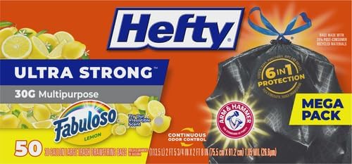 Hefty Ultra Strong 30 Gallon Trash Bags Large Size Multipurpose Break Resistant Drawstring Closure Resists Leaks Punctures and Tears Black Fabuloso Lemon Scent 50 Bags (Pack of 3)