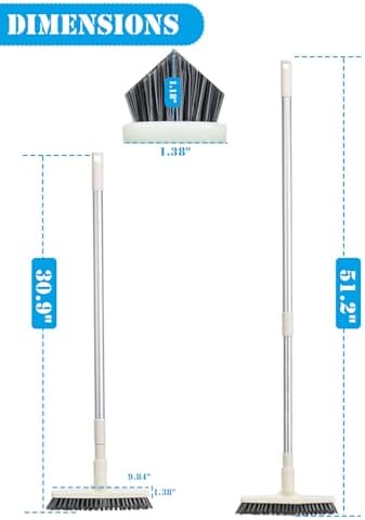 V Shape Grout Brush with Long Handle - 51 Stiff Bristle Floor Scrubber for Bathroom Shower Tile Patio Garage Kitchen Wall &amp Deck Cleaning (Off White)