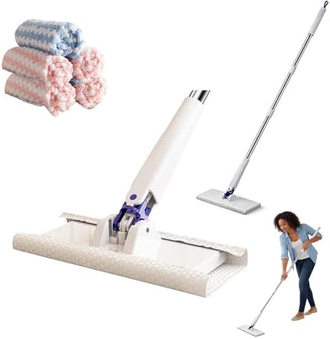 Snap Grip Mini Mop with 5 Reusable Cloths No Wash Zero Touch Disposable Lazy Mop Retractable Gap Dust Cleaner Flat Mops with Locking Head Dry Wet Pads for Floor Hardwood Kitchen Wall (125×25×10cm)