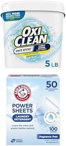 Bundle of OxiClean White Revive Laundry Whitener and Stain Remover Powder 5 lb + Arm &amp Hammer Power Sheets Laundry Detergent Fragrance Free 50ct up to 100 Small Loads