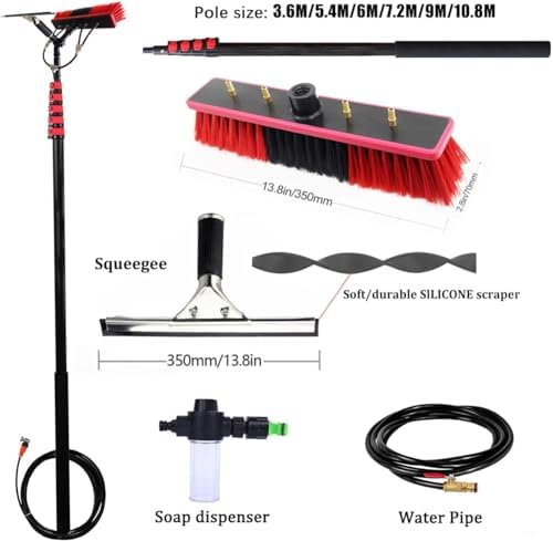 Glass Cleaning Brush Home Water Fed Telescopic Pole Kit Solar Panel Brush Rotating for Photovoltaic PanelTelescopic Window Cleaning Brush with Window Wiper for Solar Patio Roof Winter Garde