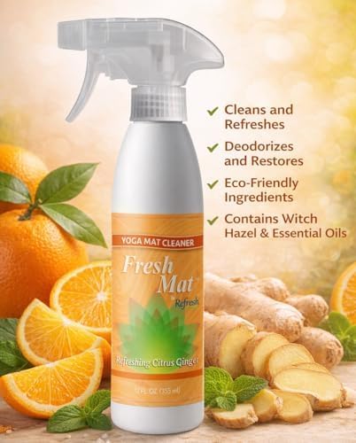 Fresh Mat Yoga Mat Cleaner Spray - Natural Deodorizing Cleaner for Yoga Mats &amp Fitness Equipment - No-Rinse Residue-Free Formula with Witch Hazel &amp Essential Oil Refreshing Citrus Ginger (24