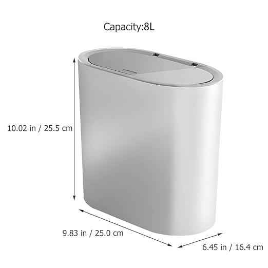 8l Large Capacity Trash Can with Press Lid Grey-White Plastic Wastebasket for Bathroom Kitchen Bedroom Narrow Space Use