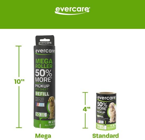 Evercare Pet Mega Lint Roller Value Pack with Two 50-Sheet Refills - Includes Refillable Lint Roller Adhesive Sheets Versatile Cleaning Uses Home and On-The-Go Use Extendable Handle