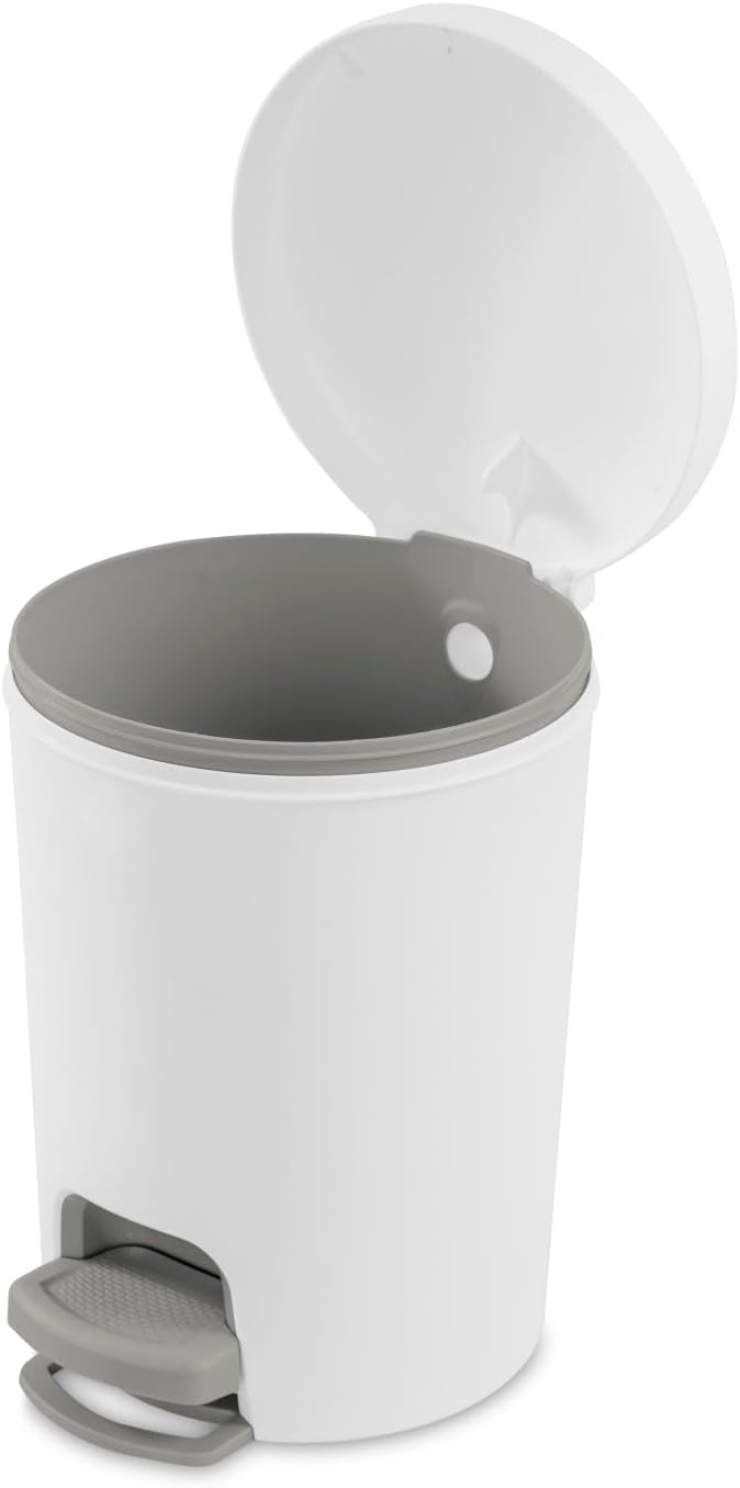 Sterilite 1.6 Gallon StepOn Wastebasket w/Lid Small Plastic Trash Can for the Bathroom Bedroom or Dorm Pedal and Liner White 2-Pack