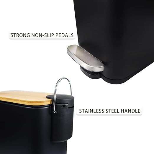 SIDIANBAN Bathroom Trash Can with Bamboo Lid Soft Close and Foot Pedal Small Rectangular Slim Garbage Can with Inner Wastebasket for Bedroom Office Kitchen 1.3Gal/5L Black