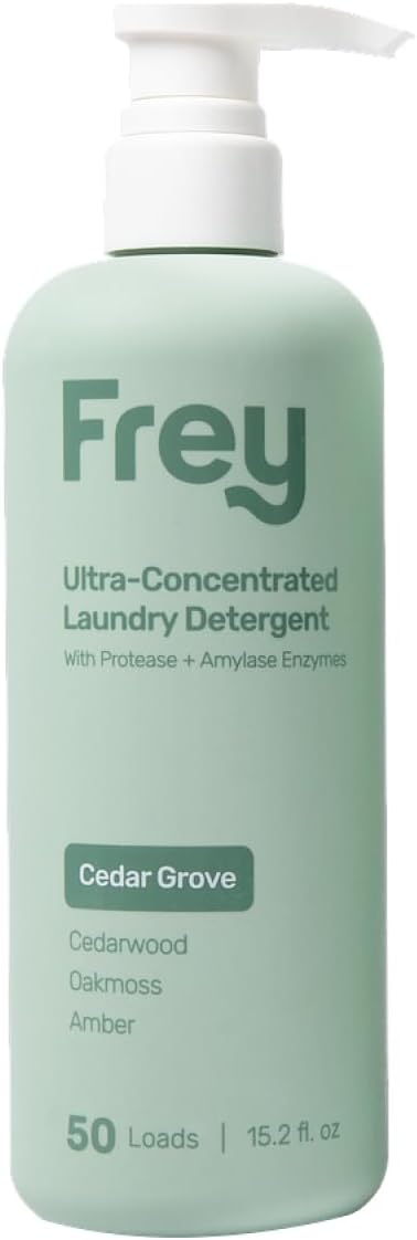 FREY Concentrated Liquid Laundry Detergent | Formulated for Sensitive Skin &amp HE Washers | Removes Stains Effectively | 50 Loads per Bottle (1-pack Cedar Grove)
