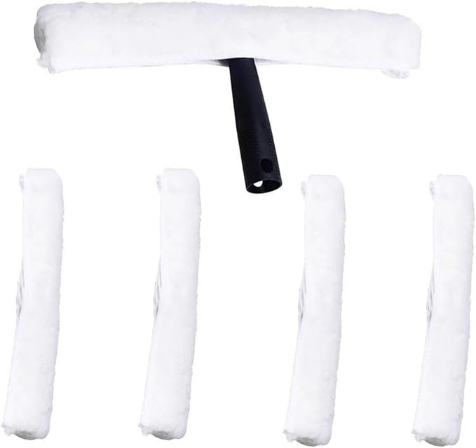 Professional Window Cleaning Combo - Squeegee Microfiber Window Scrubber Tool with Handshake T Handle 5 Replacement Cloths - 14.4 Inch Window Washing Squeegee