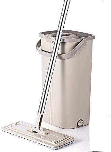 Squeeze Hand Free Flat Mop Bucket with Stainless Steel Handle Wet Dry Floor Cleaning 360 Rotatable Heads with Reusable Pads