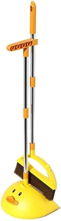 Cute Duck Cleaning Broom and Dustpan Set with Long Handle Stand Up Broom and Dustpan for Home Kitchen Room Office Outdoor Indoor (Yellow)