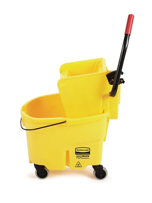 Rubbermaid Commercial Products WaveBrake 26 Qt. Side-Press Mop Bucket and Wringer Combo on Wheels Yellow for Professional/Industrial/Business Heavy-Duty Floor Cleaning/Mopping