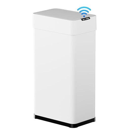TLSUNNY 13.2 Gallon Automatic Trash Can Stainless Steel Motion Sensor Garbage bin Smart Trash Can W/Butterfly Lid Bag Retainer Ring and Display Light for Living RoomKitchenOffice (White 50L)
