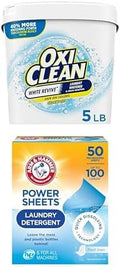 Bundle of OxiClean White Revive Laundry Whitener and Stain Remover Powder 5 lb + Arm &amp Hammer Power Sheets Laundry Detergent Fresh Linen 50ct