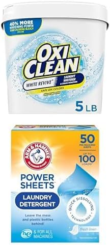Bundle of OxiClean White Revive Laundry Whitener and Stain Remover Powder 5 lb + Arm &amp Hammer Power Sheets Laundry Detergent Fresh Linen 50ct