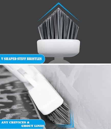 V Shape Grout Brush with Long Handle - 51 Stiff Bristle Floor Scrubber for Bathroom Shower Tile Patio Garage Kitchen Wall &amp Deck Cleaning (Off White)