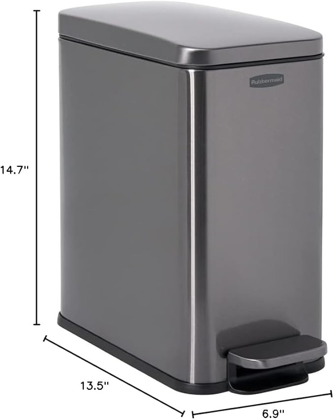 Rubbermaid Stainless Steel Slim Step-On Trash Can 2.6-Gallon Charcoal Wastebasket with Lid for Home/Bathroom/Kitchen