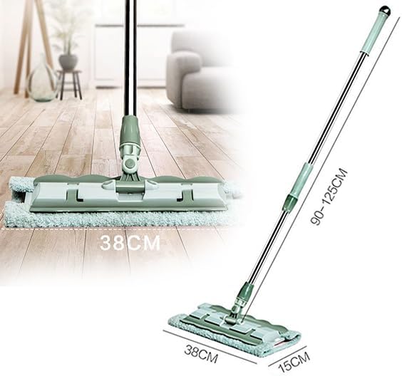 Flat Mop with Stainless Steel Handle Microfiber Floor Mop 15 with 4 Pads Adjustable Handle 360 Rotatable Adjustable Retractable Cleaning Mops (Green)