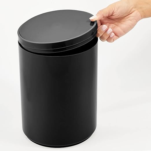 mDesign Plastic Small Slim Round 1.7 Gallon/6.5 Liter Trash Can with Removable Swing Lid - Wastebasket Garbage Container Basket Bin for Master/Guest Bathroom - Holds Rubbish/Recycle - Black