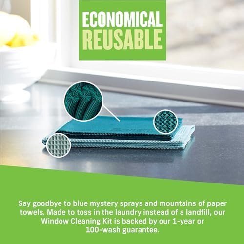E-Cloth Microfiber Window Cleaning Cloth Kit - Glass Cleaning Cloth for Windows Mirrors Cars Lenses Eyeglasses &amp More Streak Free Clean Machine Washable Reusable Towel - Green (2 Kits)
