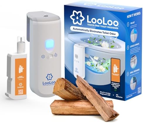 LooLoo 3.0 Touch Free Toilet Freshener Automatic Air Freshener Spray for Bathroom Starter Kit with Light and Toilet Deodorizer Bathroom Spray Odor Eliminator - Warm Teakwood