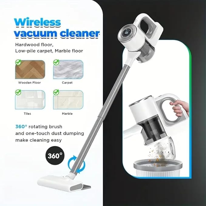 Cordless Stick Vacuum Cleaner 9000PA Powerful Suction 6000mAh Battery Digital Display 3 Suction Modes Lightweight Rechargeable Vacuum for Home Carpet &amp Pet Hair