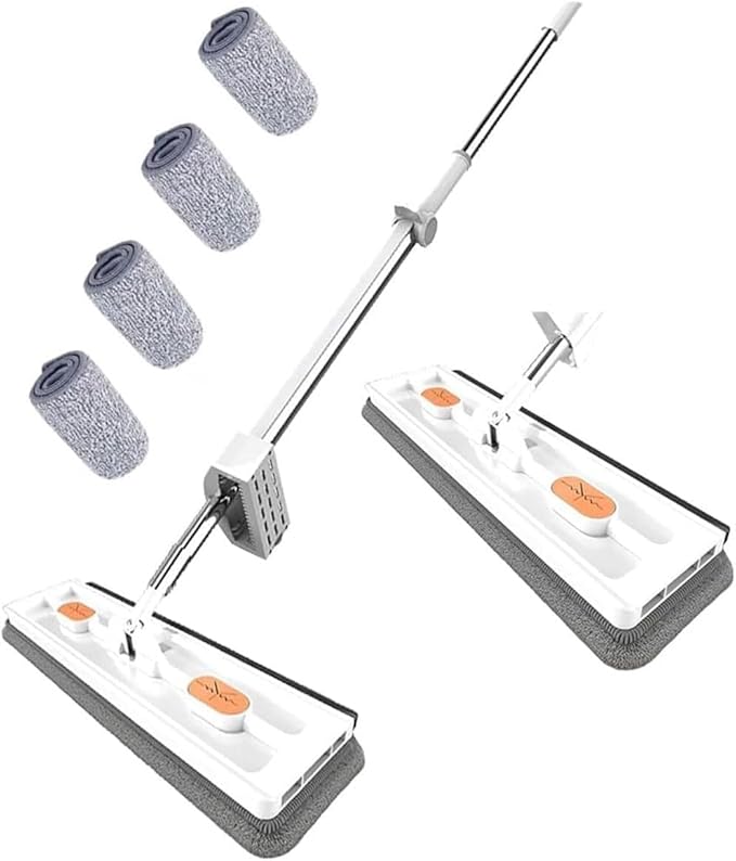 Large Flat Mop Lazy Person's Self-Washing Flat Mop Reusable Microfiber Self-Contained Dewatering Scraper Wet and Dry Use 12027(Whitewith 4 Pads)