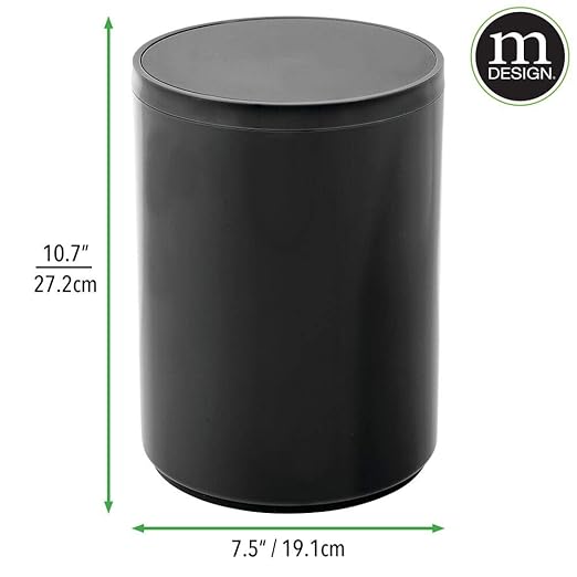 mDesign Plastic Small Slim Round 1.7 Gallon/6.5 Liter Trash Can with Removable Swing Lid - Wastebasket Garbage Container Basket Bin for Master/Guest Bathroom - Holds Rubbish/Recycle - Black