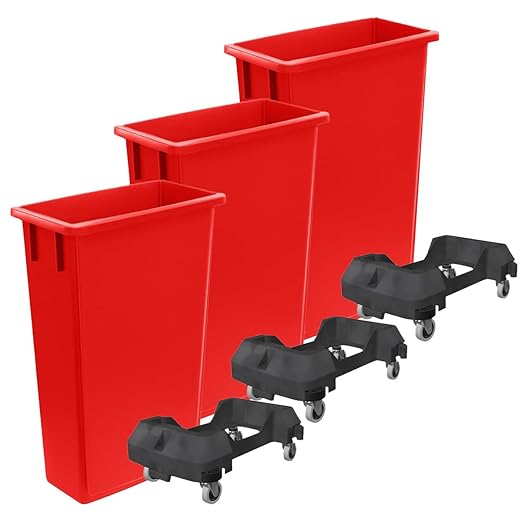 3 Pack 23 Gallon Heavy-Duty Trash Can with Dolly Durable Waste Container Slim Rectangular Garbage Bin Recycling Bin Plastic Wastebasket for Kitchen Garage Hotels Restaurants Office