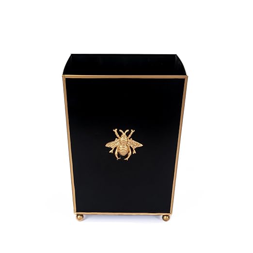 Jaye's Studio Regency Line Square Wastebasket &amp Garbage Bin Gold Trim &amp Finish Round Gold Feet Hand-Painted Metal Trash Bin for Bedroom Office Bathroom 9 x 9 x 12 (Black Gold Bee)