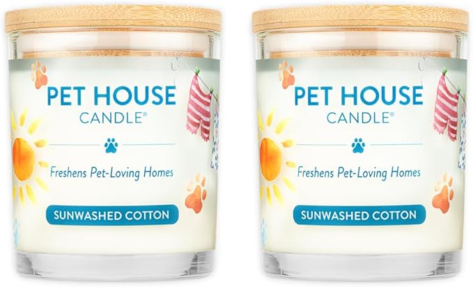 One Fur All Pet House Candle 2 Pack - Plant-Based/Soy - Clean Burning Scented Long Lasting Pet Odor Candle for Home - Sunwashed Cotton