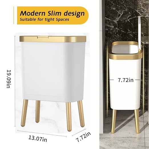 Procade Bathroom Trash Can with Lid Plastic Garbage Can with Legs 4 Gallon Gold Trash Bin with Push Button Narrow White Trash Can Waste Basket for Bedroom Living RoomOfficeDog Proof Trash Bin