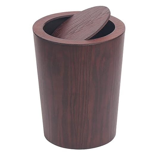 Modern Round Trash Can with LidReal Wood Waste Basket in Dark Brown9.25x7.5x11.8 Swing Top Small Trash CanDecorative Small Garbage Can for Bedroom Living Room Office &amp Bathroom8L/2.1Gal