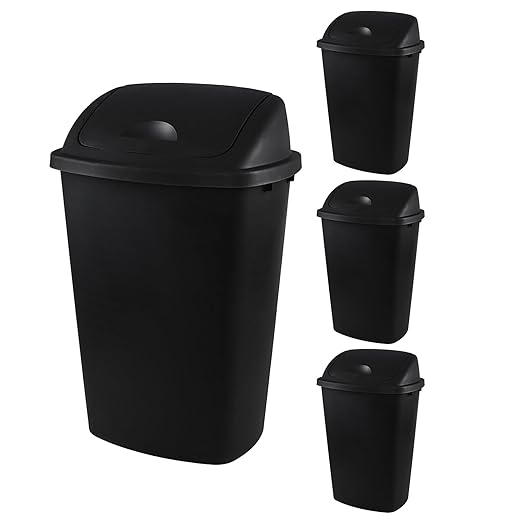 4-Pack 13 Gallon Waste Basket with Swing-Top Lid Black Garbage Bin Commercial Trash Can for Kitchen Outdoor Garage and School Fits 13 Gal Liners