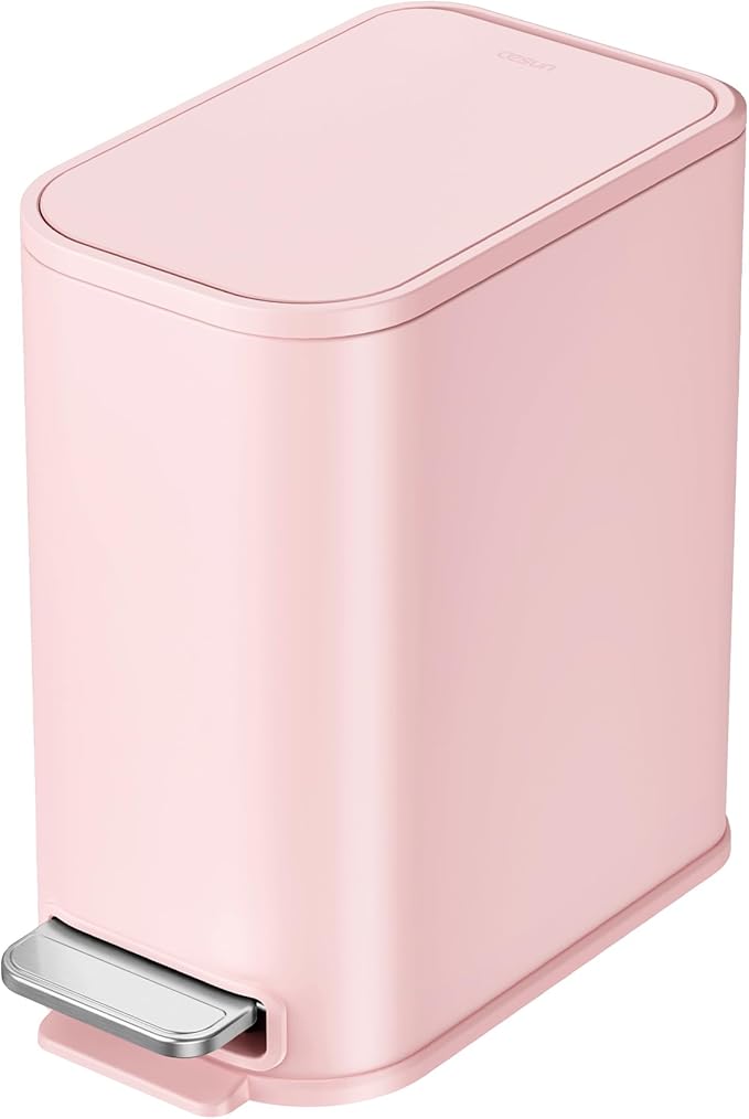 Cesun Small Bathroom Trash Can with Lid Soft Close Step Pedal 5 Liter / 1.3 Gallon Stainless Steel Garbage Can with Removable Inner Bucket Waste Basket for Bathroom Bedroom (Pink)