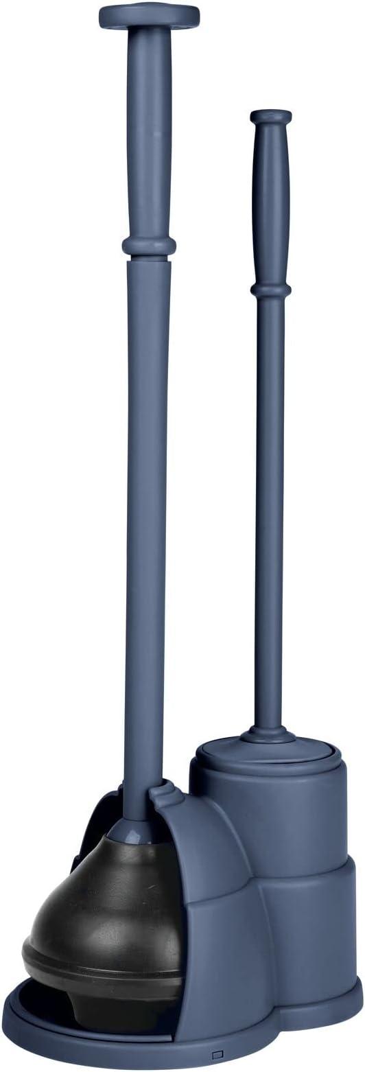 mDesign Plunger and Brush Set for Toilet Bowl - Hidden Modern Toilet Brush and Plunger Set with Caddy - Brush Cleaner and Plunger Combo with Holder for Bathroom - Hyde Collection - Navy Blue