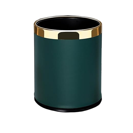 Elegant Leather Trash Can Decorative Metal Wastebasket with Removable Stainless Steel Ring - Open Top Garbage Bin for Office Bedroom Hotel (Morandi Green 10L)