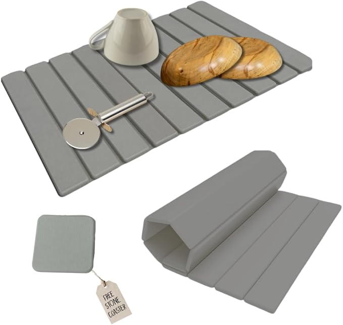 Roll-Up Stone Mat - Premium Diatomaceous Earth Dish Drying Rack Water Absorbent Roll-Out Dish Drying Mat for Kitchen Countertops Eco-Friendly Quick-Dry Surface