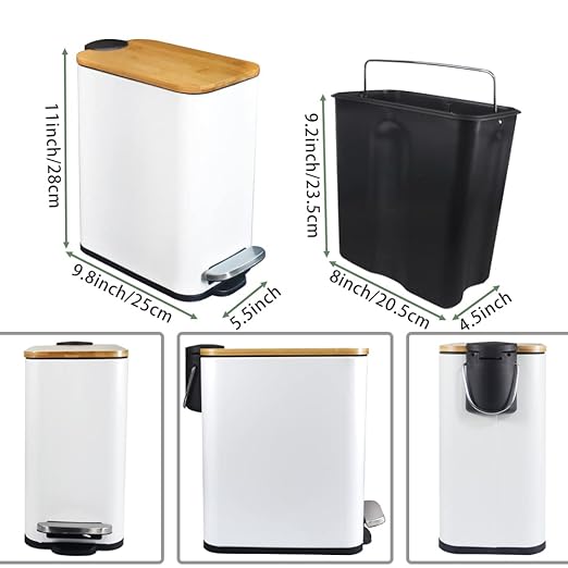 SIDIANBAN Bathroom Trash Can with Bamboo Lid Soft Close and Foot Pedal Small Rectangular Slim Garbage Can with Inner Wastebasket for Bedroom Office Kitchen 1.3Gal/5L White