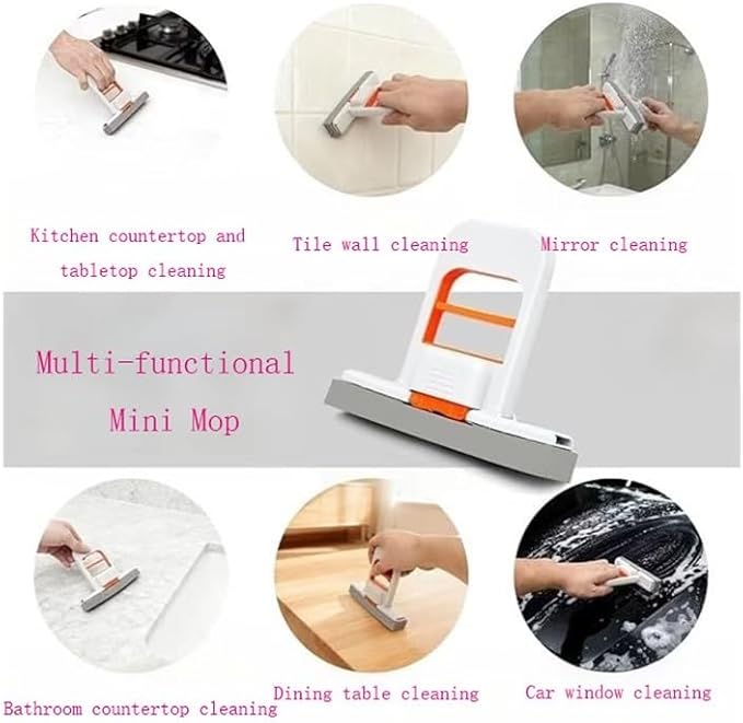 2-Pack mini Foldable Desktop mops mini and Portable with deep Groove one-Handed Squeeze Handle Replaceable mop Heads Wet and Dry use Suitable for bathrooms Kitchens countertops Glass