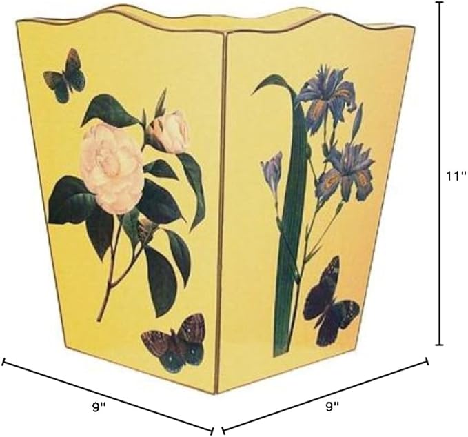 Marye-Kelley-Yellow-Floral 2 Wastepaper BasketDecoupage Wood Decorative Wastebasket for Kitchen Bathroom Bedroom Living Room Handmade Made in The USA