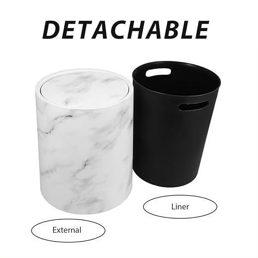 Veemoon Marble Pattern Trash Can 15L Flip Lid Plastic Waste Basket for Kitchen Bathroom Office Home Round Garbage Bin with Double Layer Cover