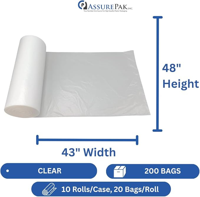 ASSUREPAK 56 Gallons Clear (Natural Color) HDPE Coreless Trash Liners - 43x48 - 200 Bags / 10 Rolls - 15 microns - Clear - TL434816MWF - AssurePak