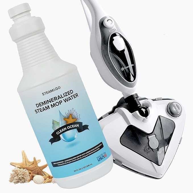 Steam &amp Go - The Housekeeper Steam Cleaner For Floors &amp Demineralized Water Bundle 10-in-1 Hard Floor Cleaner Machine &amp Grout Steam Cleaner with Floor Cleaning Solution Clean Ocean 32 o