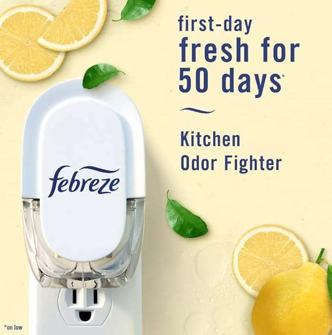 F.e.b.r.e.z.e Plug in Air Freshener Odor-Fighting Scented Oil Starter Kit Air Fresheners for Home and Bathroom and Kitchen Long Lasting for Strong Odors Warmer + 2 Refill (Fresh Lemon)