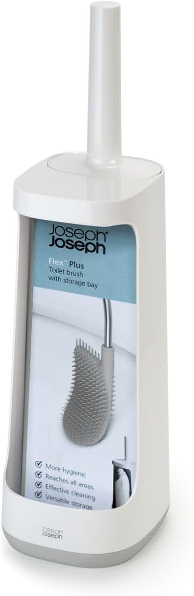 Joseph Joseph Flex Plus - Smart Hygienic Silicone Toilet Brush with Storage Bay Caddy flexible anti-drip anti-clog deep clean head - Large White/Grey