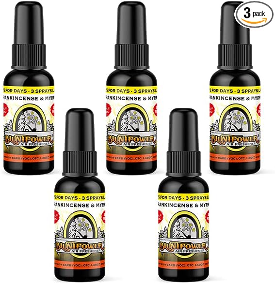 BluntPower (Frankincense and Myrrh 5 Pack) Concentrated Air Freshener - Premium Oil Based Air Freshener Spray For Home and Car - Long-Lasting Bathroom Spray Car Freshener &amp Odor Eliminator Spra