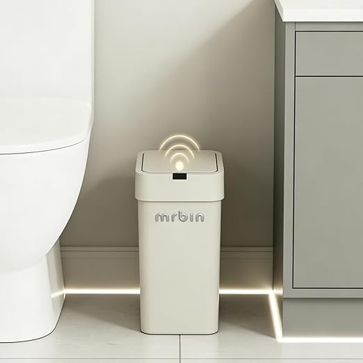 MRBIN Motion Sensor Bathroom Trash Can with Lid 9L/2.4gal Automatic Plastic Slim Covered Electric Waste Basket Narrow Rectangle Garbage Bin Under Desk for Small Office Bedroom Kitchen Rv Gray