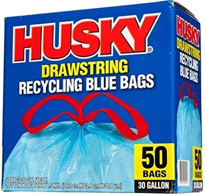 Husky HK30DS050BU 30-Gallon Drawstring Recycling Blue Bags 50 Count